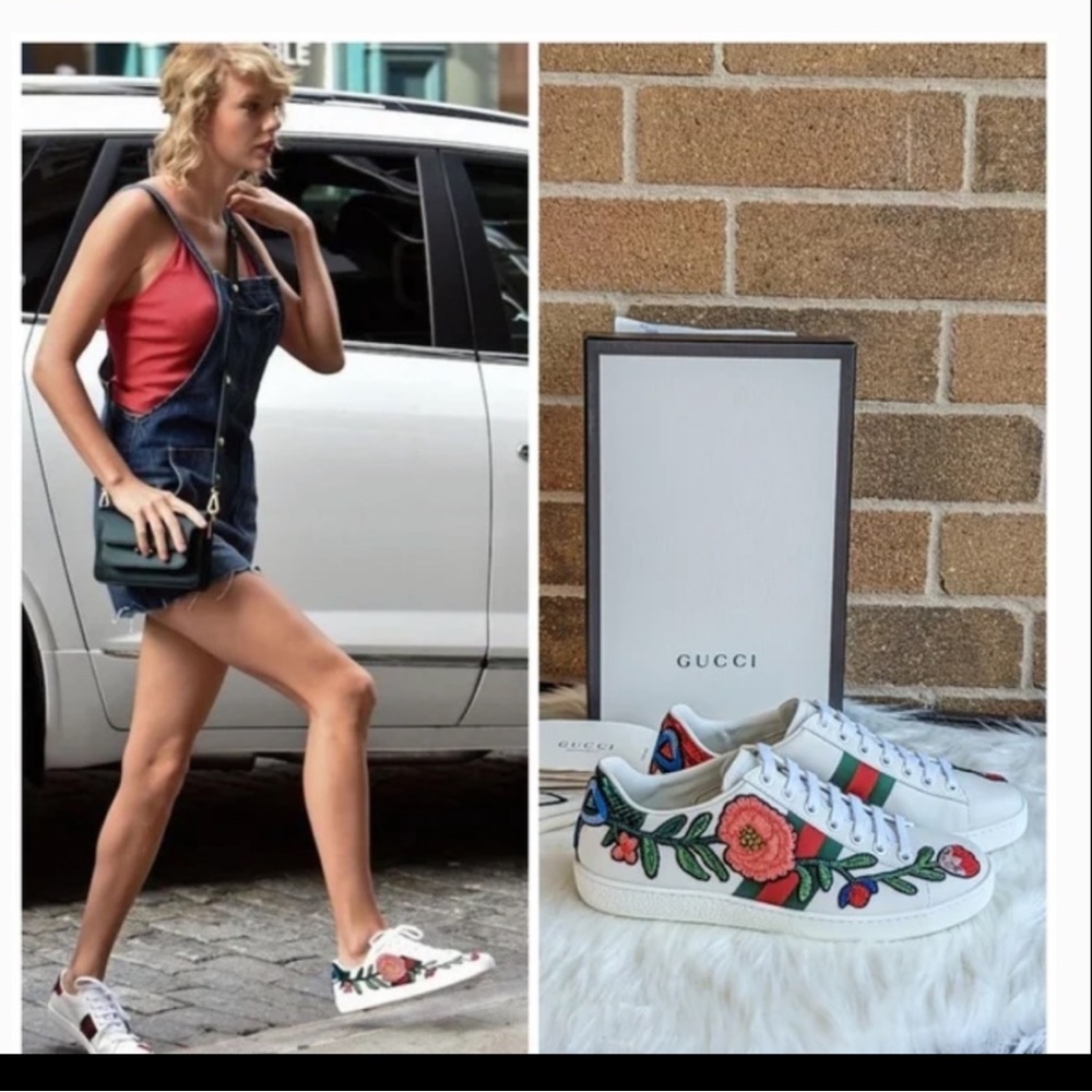 NEW GUCCI Ace Embroidered Floral White Sneakers size 37